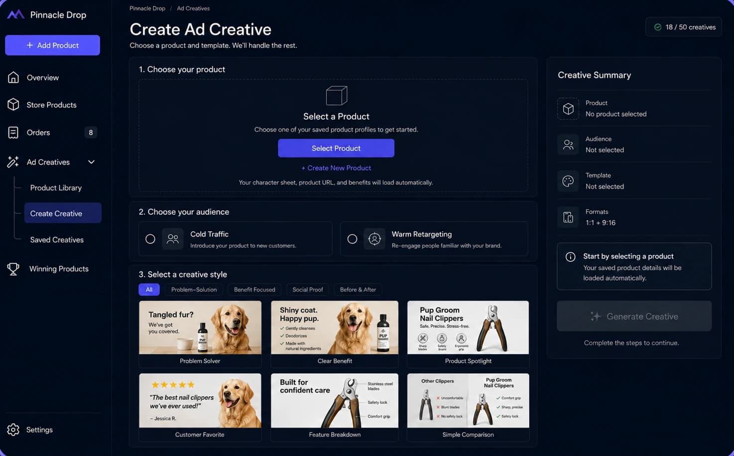 Creating an ad creative in Pinnacle Drop: choose a product, pick cold or warm traffic, then select a creative style.
